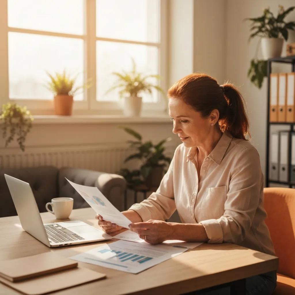An entrepreneur diligently reviewing financial documents within a comfortable office setting An entrepreneur diligently reviewing financial documents within a comfortable office setting