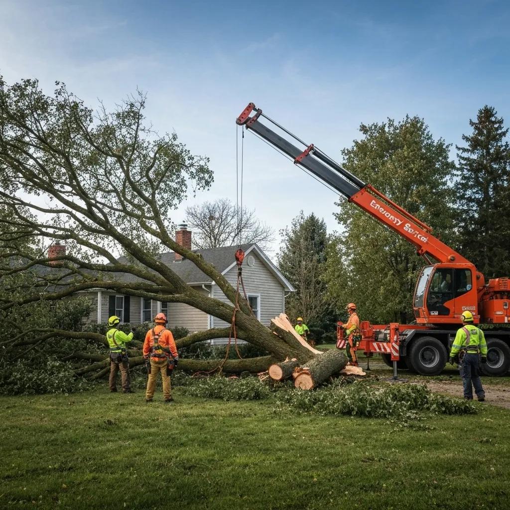 Emergency tree service team responding to storm damage in Camira with safety equipment and crane