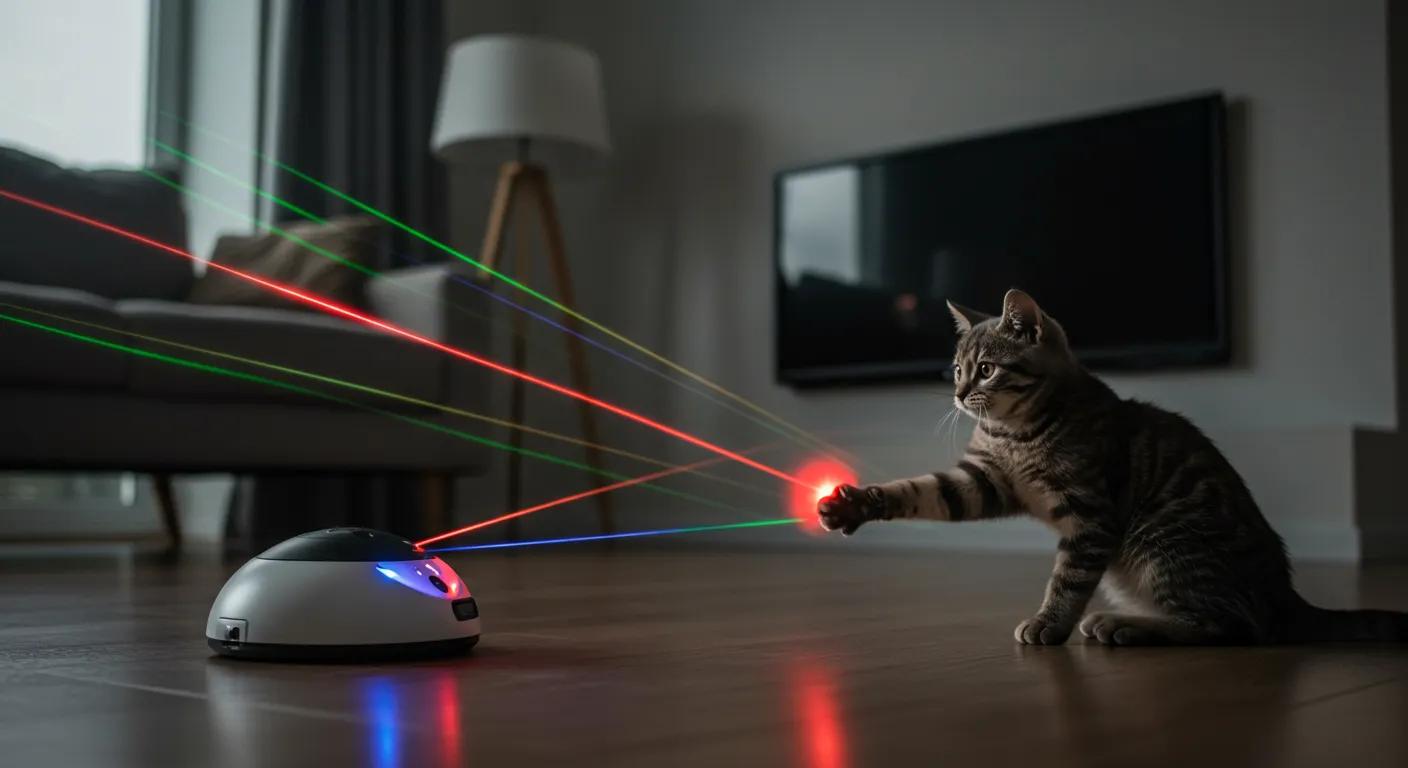a dynamic indoor scene showcases a futuristic cat laser toy in action, with vibrant beams playfully darting across a sleek modern living room, while an intrigued cat engages with the light in an interactive play session. a dynamic indoor scene showcases a futuristic cat laser toy in action, with vibrant beams playfully darting across a sleek modern living room, while an intrigued cat engages with the light in an interactive play session.