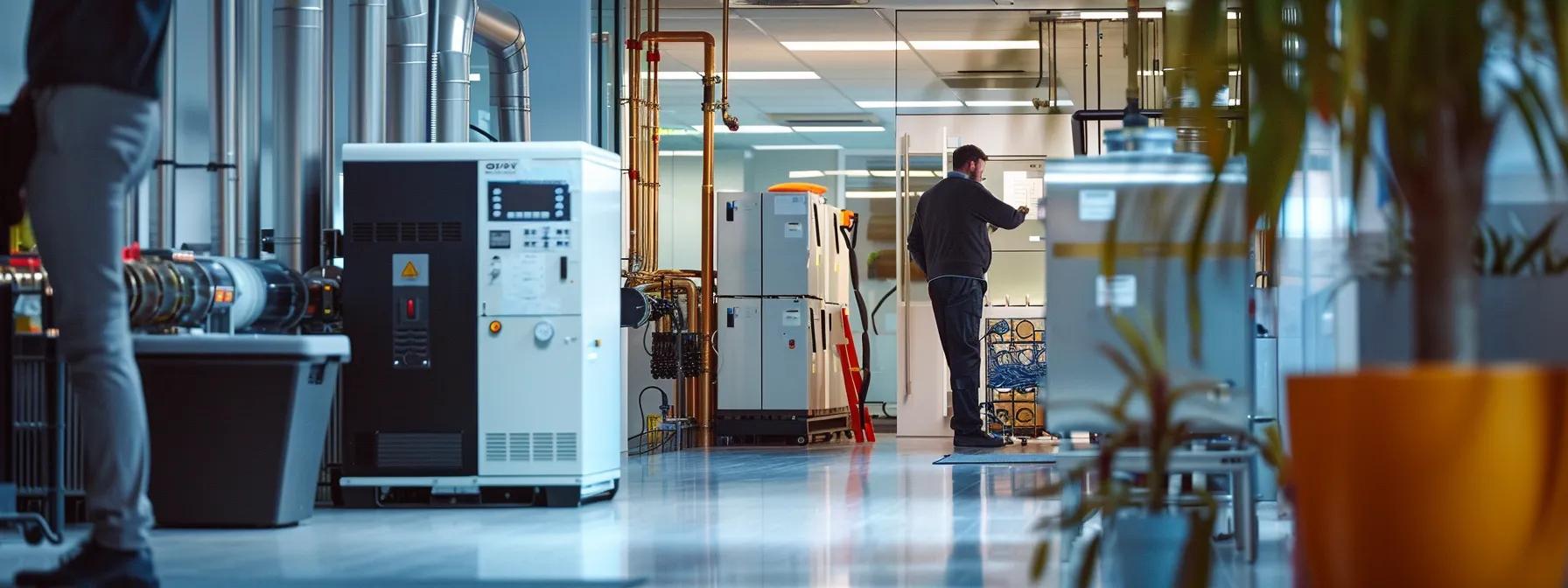a modern office environment featuring a technician meticulously inspecting a sleek boiler system, surrounded by tools and equipment, emphasising the importance of proactive maintenance in preparation for the autumn season.