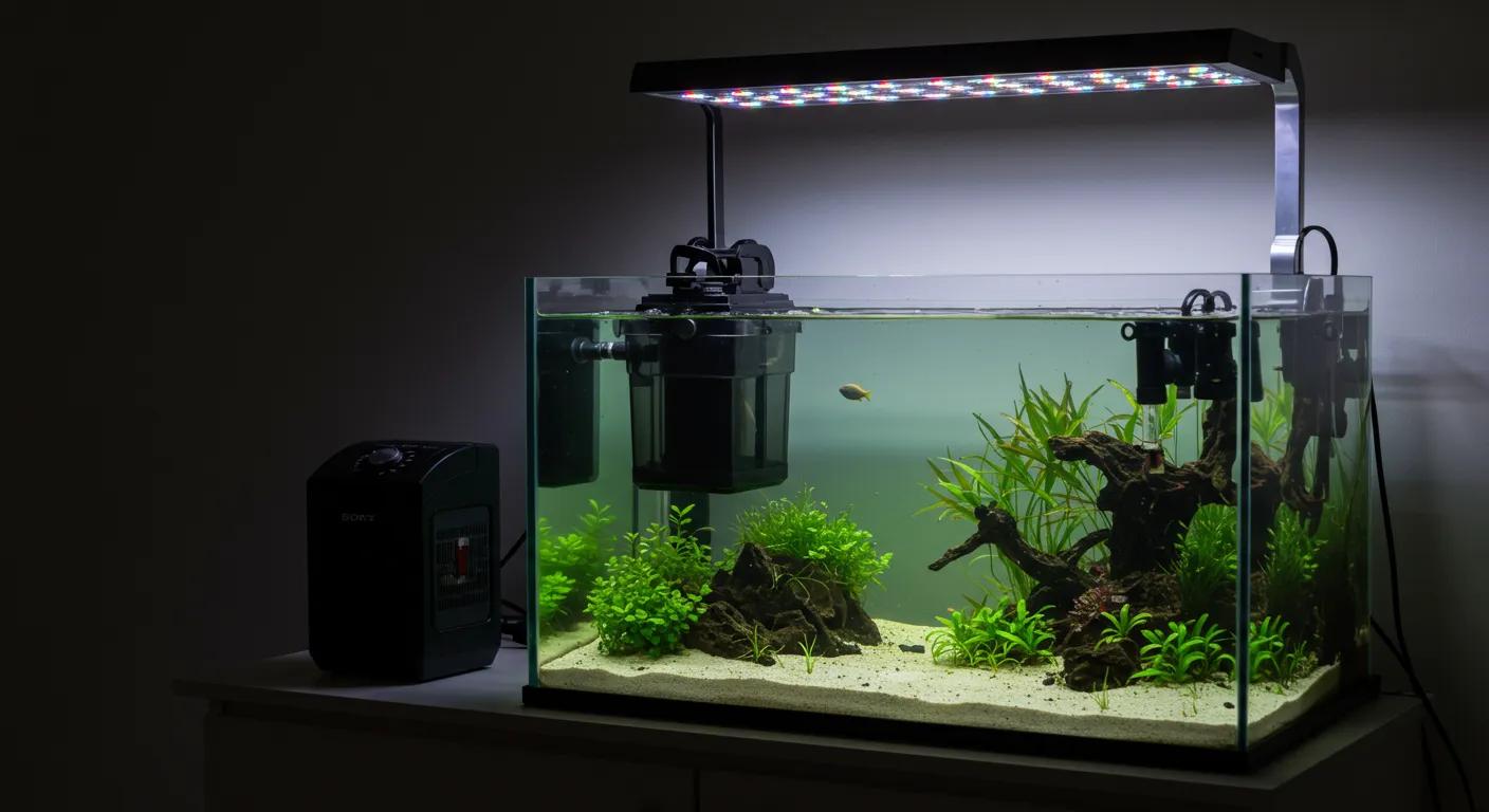 a well-organized aquarium setup showcases a sleek hang-on-back filter, a precise submersible heater featuring an adjustable thermostat, and an advanced led lighting system illuminating vibrant aquatic plants and fish in a contemporary office aquarium. a well-organized aquarium setup showcases a sleek hang-on-back filter, a precise submersible heater featuring an adjustable thermostat, and an advanced led lighting system illuminating vibrant aquatic plants and fish in a contemporary office aquarium.