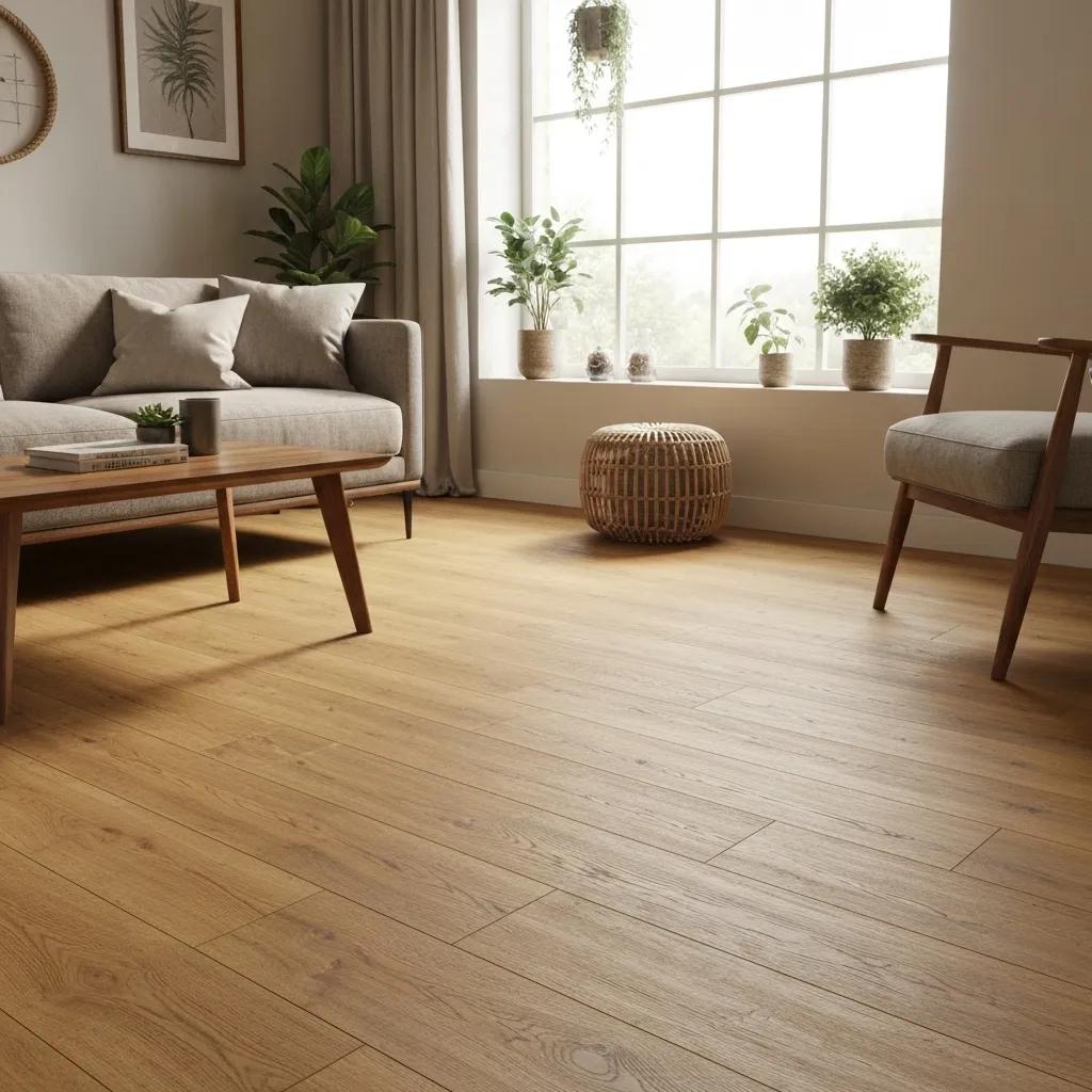 Cosy living room featuring rustic oak flooring, highlighting its natural wood textures and warm tones