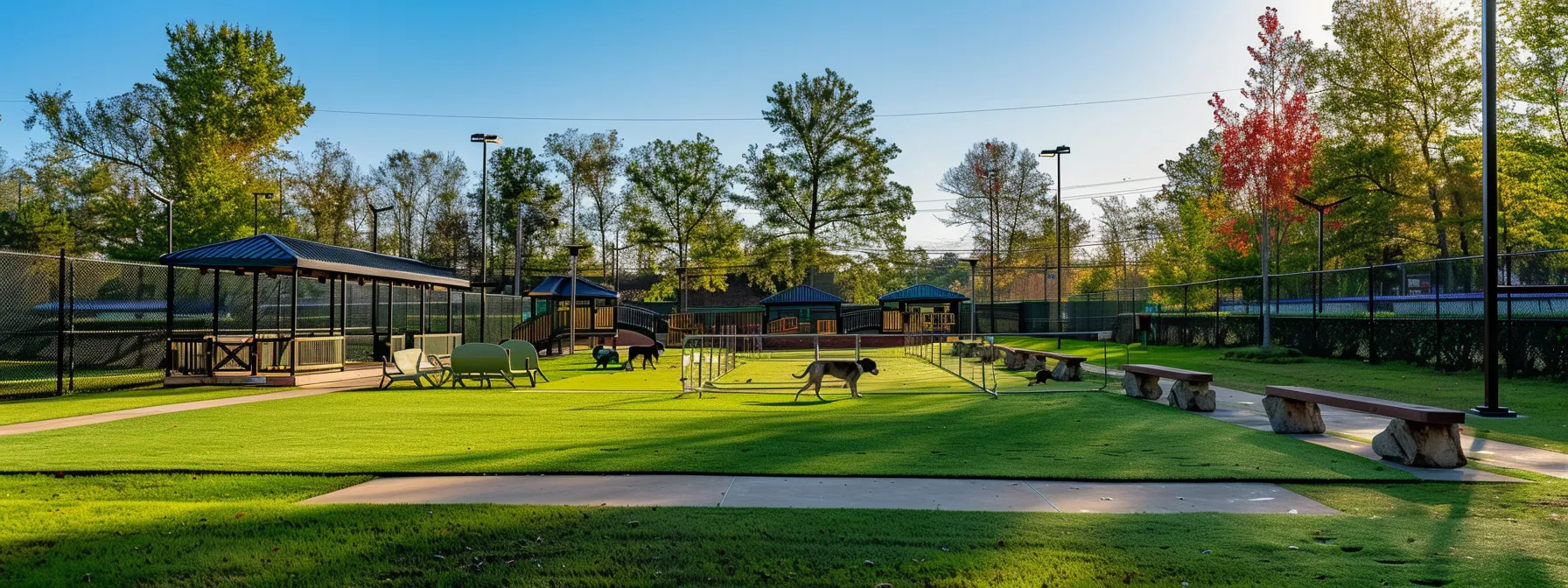 dogs of all sizes and breeds enjoy a variety of outdoor activities and games in a spacious, fenced-in exercise area at a top-tier dog boarding facility.