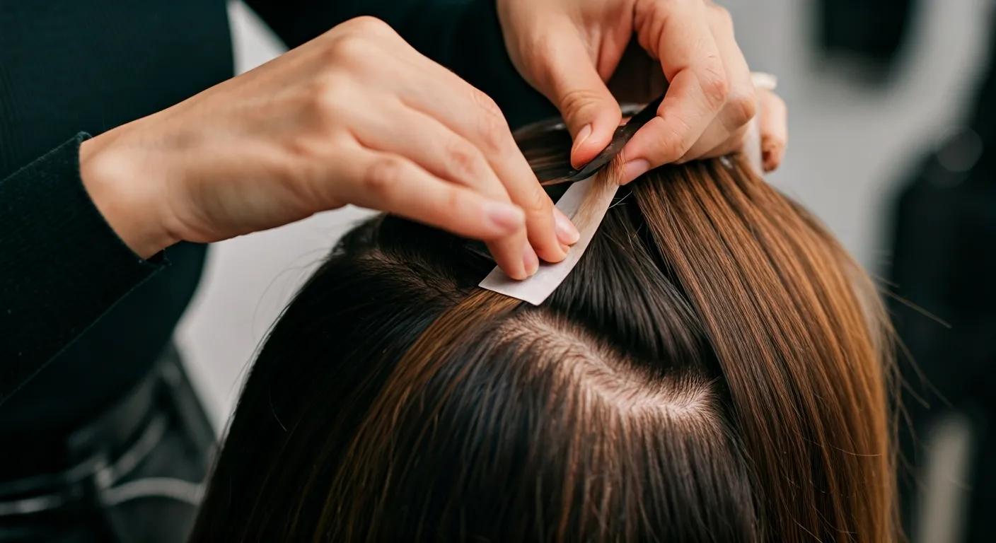 Stylist applying tape-in hair extensions with precision
