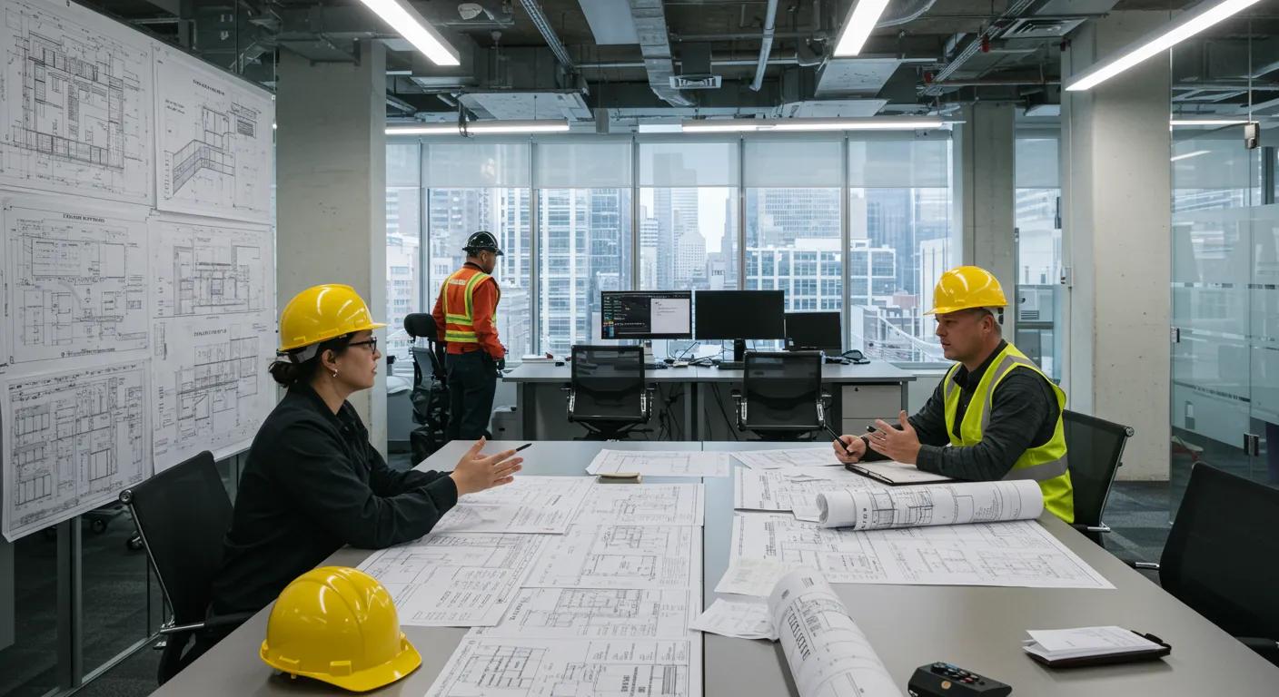 a sleek urban office space filled with architects and builders engaged in a collaborative discussion surrounded by blueprints and permit applications, showcasing the diverse types of building permits relevant to knoxville's construction landscape. a sleek urban office space filled with architects and builders engaged in a collaborative discussion surrounded by blueprints and permit applications, showcasing the diverse types of building permits relevant to knoxville's construction landscape.