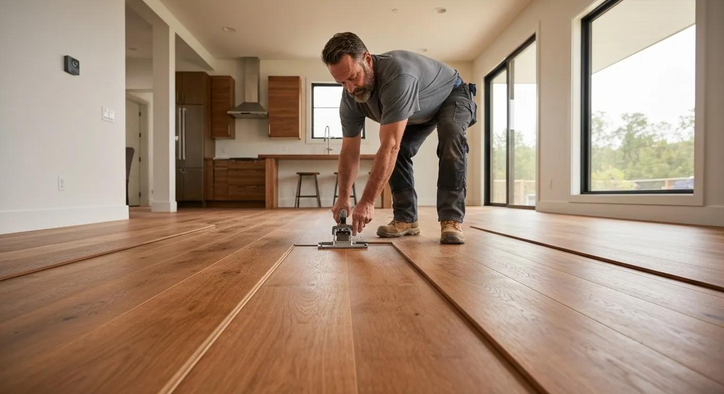 A professional flooring installer carefully laying solid wood planks in a contemporary home setting