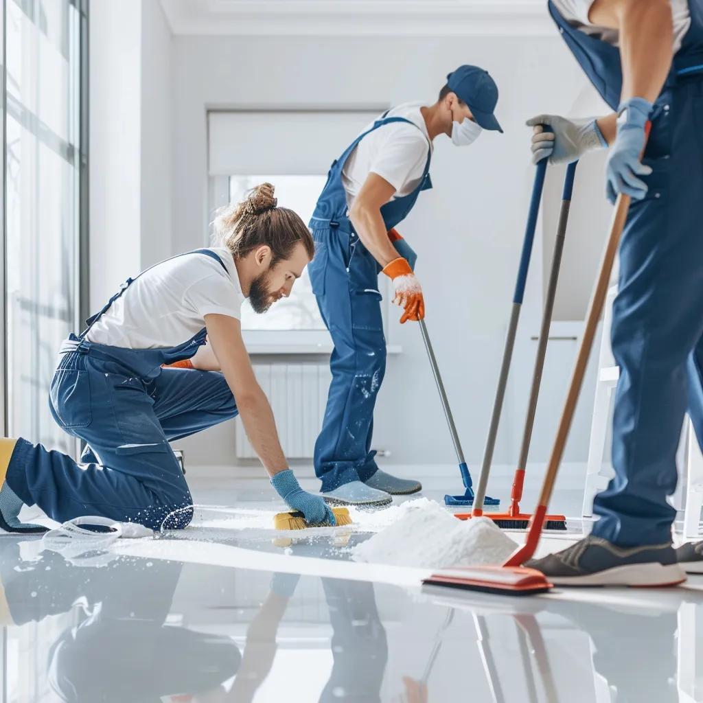 Professional cleaning team using eco-friendly products in a bright residential space