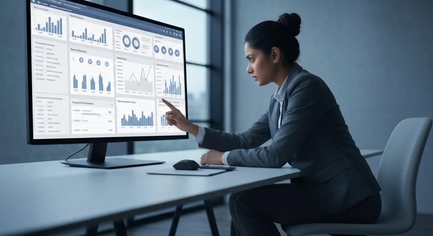 A business professional meticulously analysing marketing performance metrics to maximise return on investment