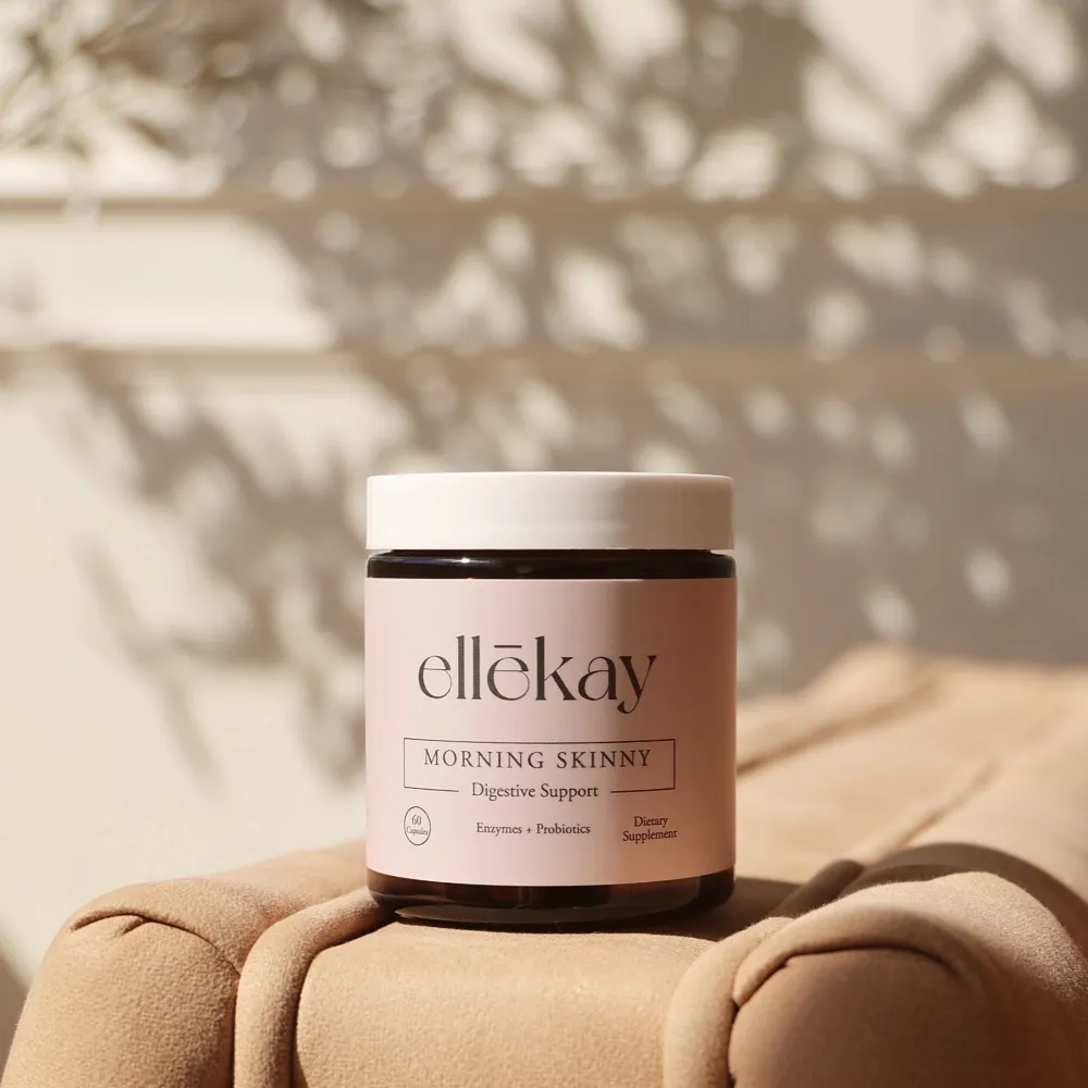 Morning Skinny digestive enzyme supplements alongside vibrant fruits, symbolizing enhanced digestive wellness