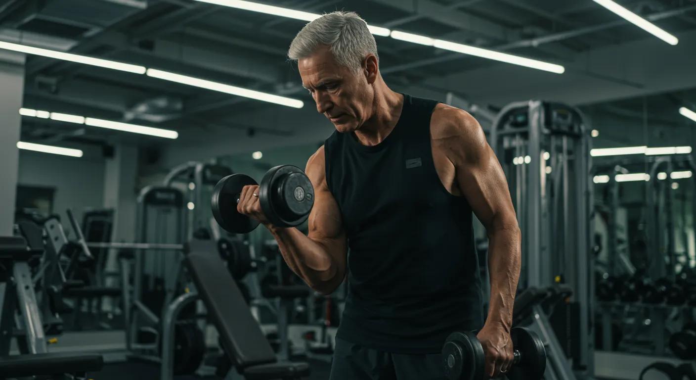 Older adult lifting weights in a gym, illustrating the fight against sarcopenia with MK-677