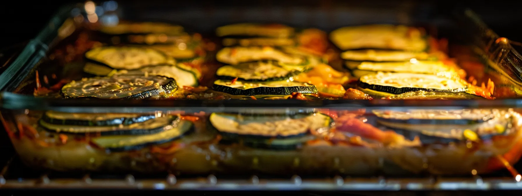 layers of sliced zucchini and meat filling arranged in a baking dish, bubbling in the oven.