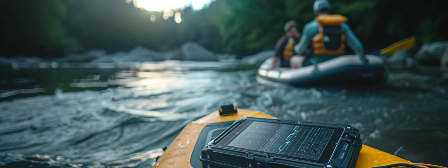 a solar-powered charger being used to charge devices while on a white water rafting trip.