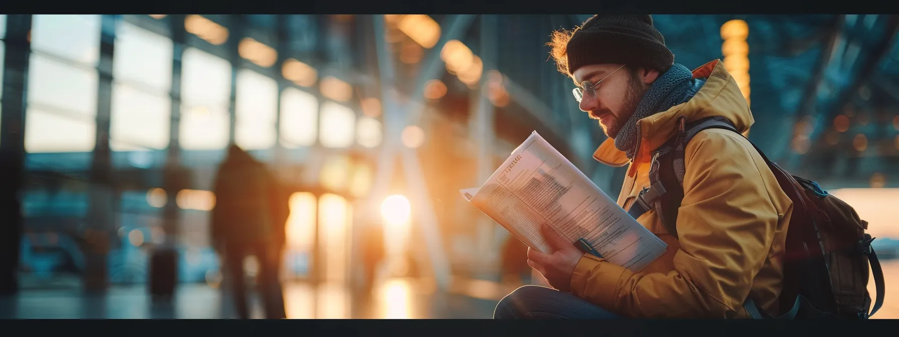 a traveler looking at their insurance documents with a sense of relief and confidence before embarking on their journey.