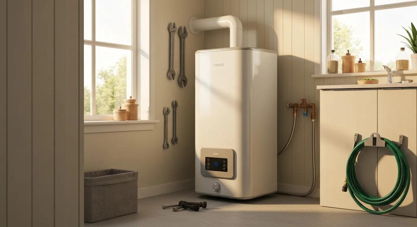 Modern water heater in a cozy utility room with maintenance tools, emphasizing home comfort and reliability