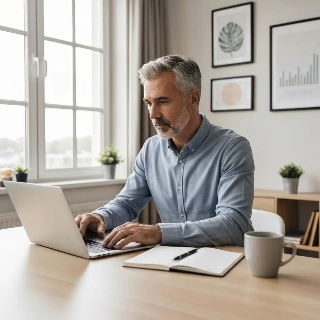 Person analyzing stock data in a cozy home office setting