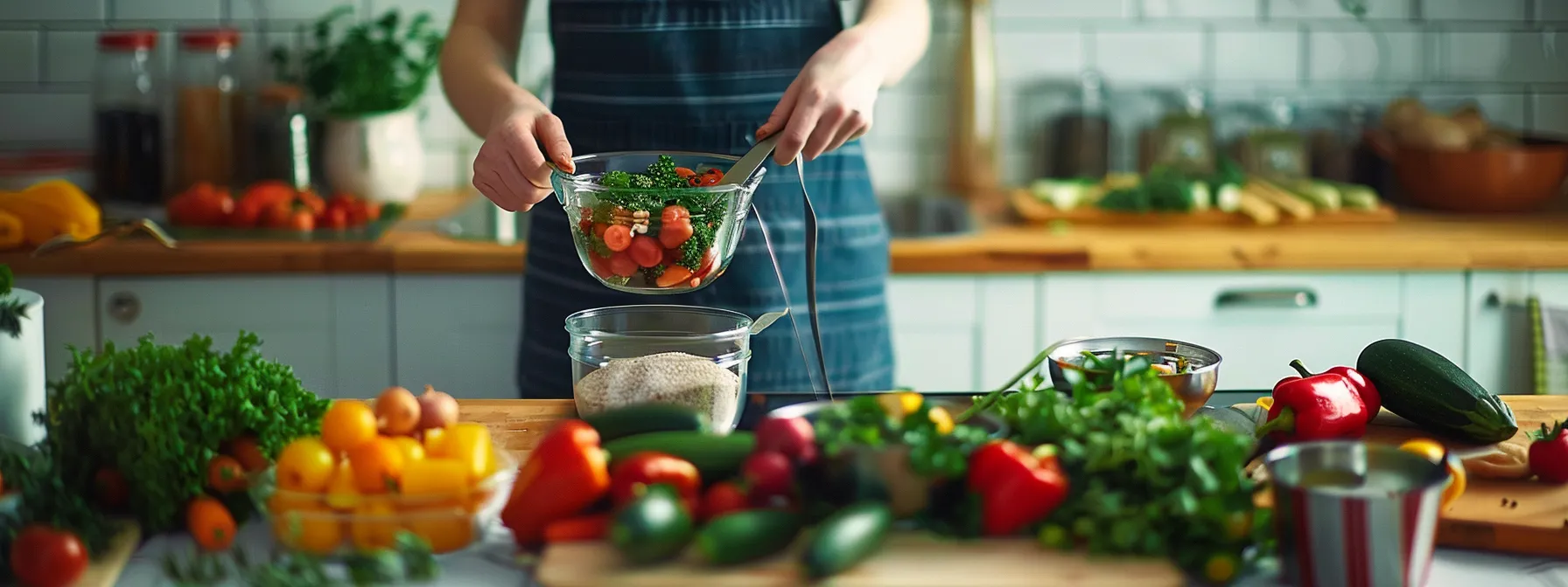 person weighing food and adjusting their diet plan at a kitchen counter.