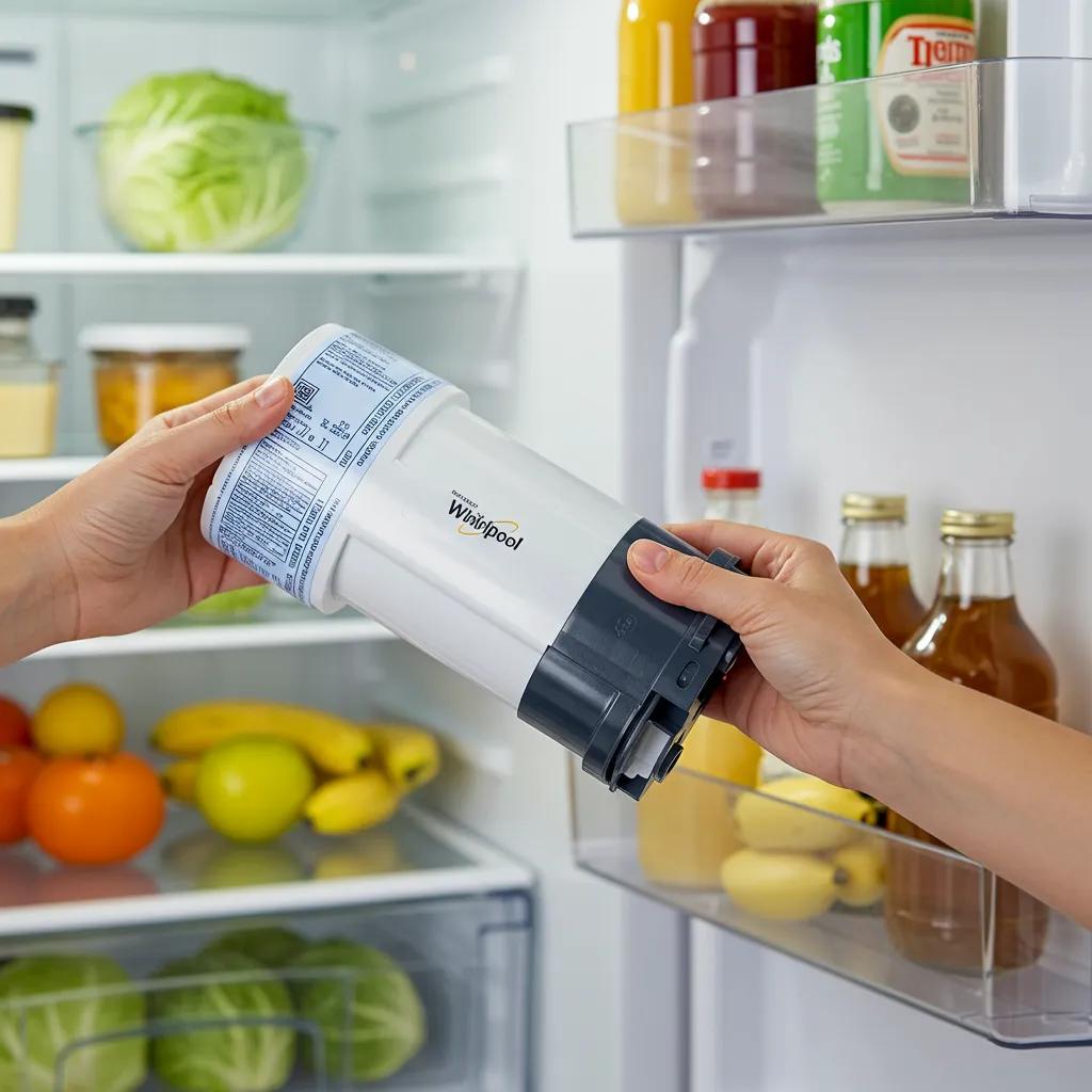 Close-up of Whirlpool refrigerator water filter cartridge in a well-organized fridge
