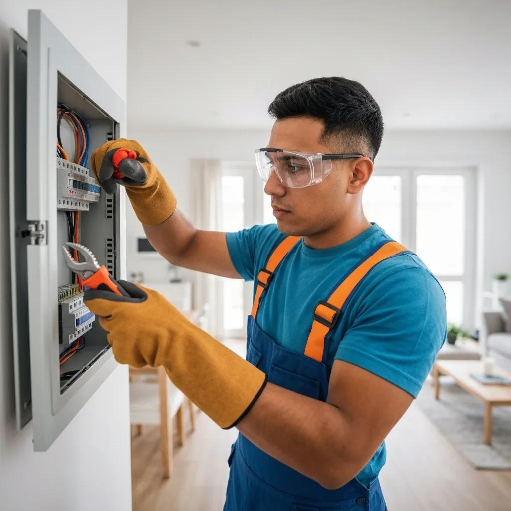 A qualified electrician in Birmingham checking a fuse box in a home, emphasising safety and professional standards