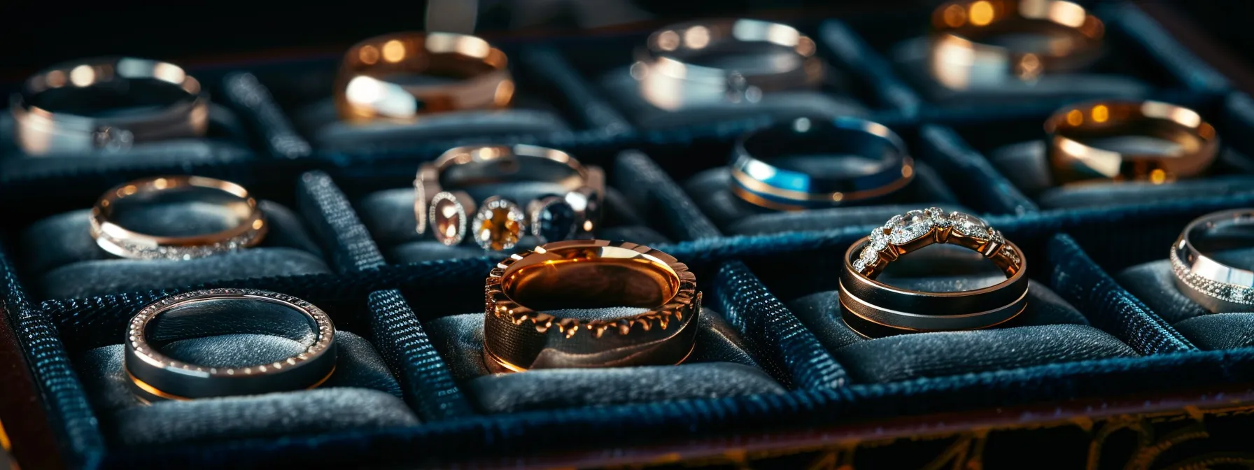 a display of various men's wedding rings in different styles and materials on a elegant velvet cushion.