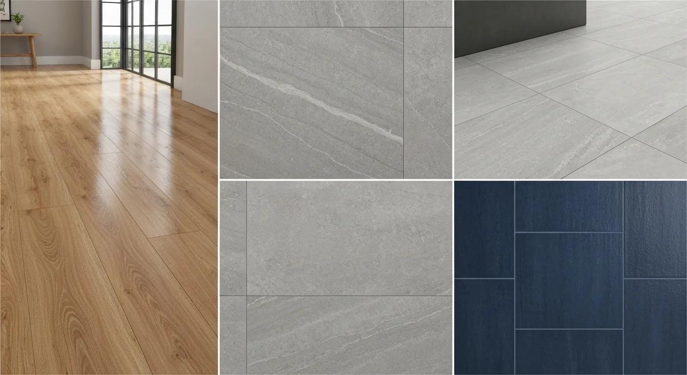 A selection of hard-wearing flooring materials for rental properties, highlighting various textures and colours