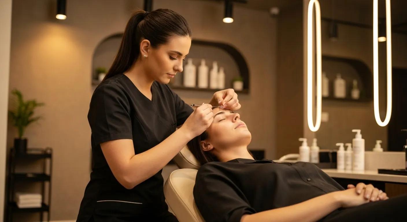 Professional threading salon with a technician threading a client's eyebrows, emphasizing comfort and expertise