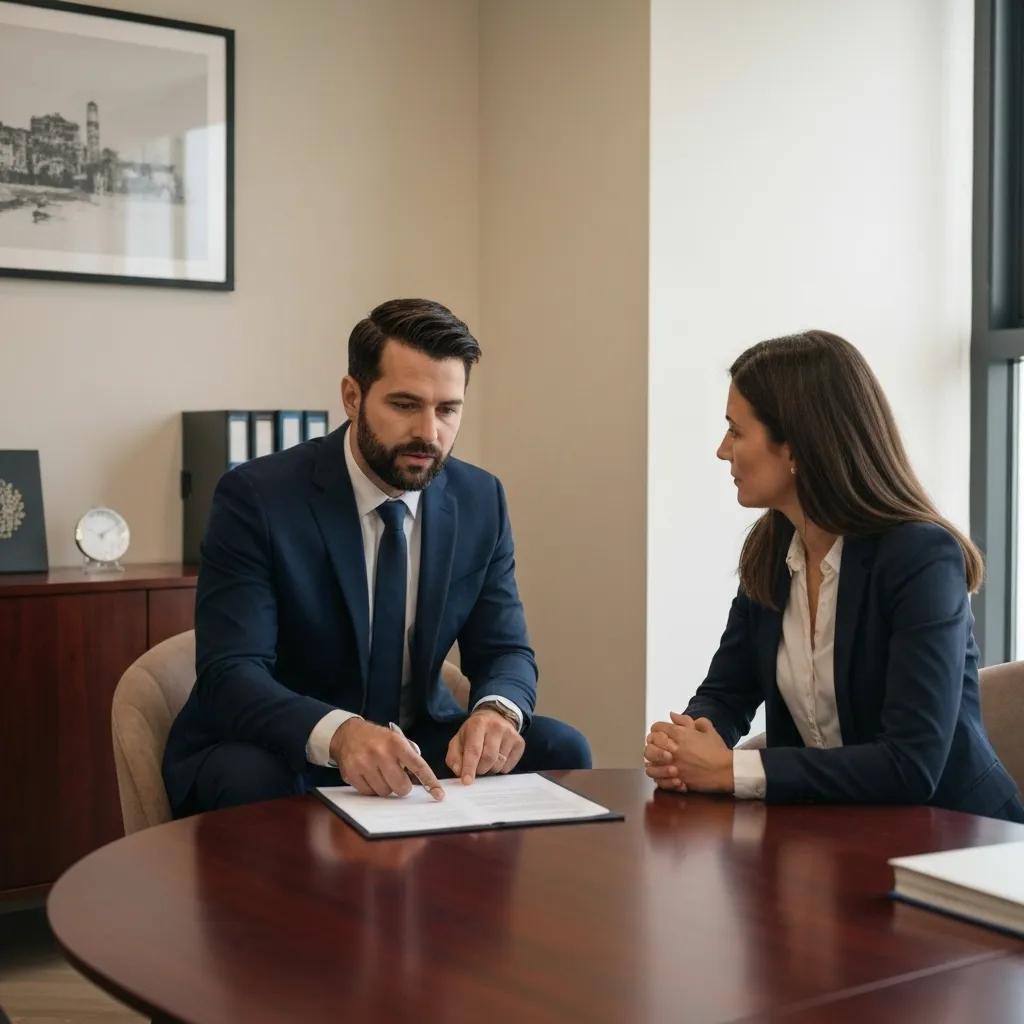 Lawyer consulting with a client in a modern office, emphasizing Google Business Profile optimization