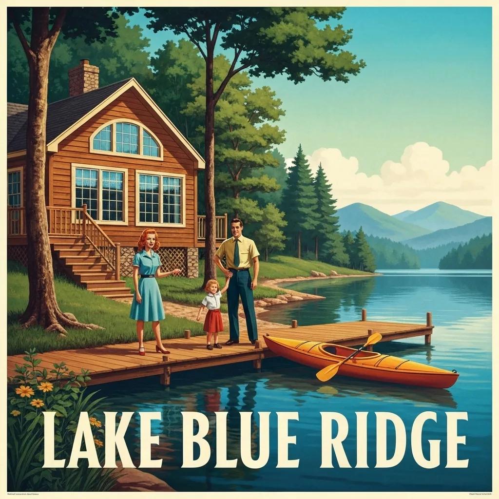 Lakefront cabin on Lake Blue Ridge with a kayak and children playing, representing family-friendly vacation rentals