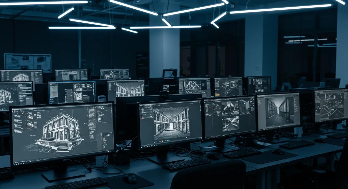 a dynamic workspace filled with sleek monitors displaying intricate architectural designs, illuminated by focused led lighting, highlighting the intersection of creativity and technology for aspiring architects.