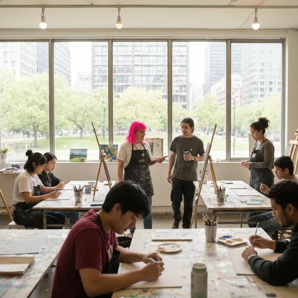 Adults participating in a painting class, demonstrating a supportive and creative atmosphere conducive to skill development