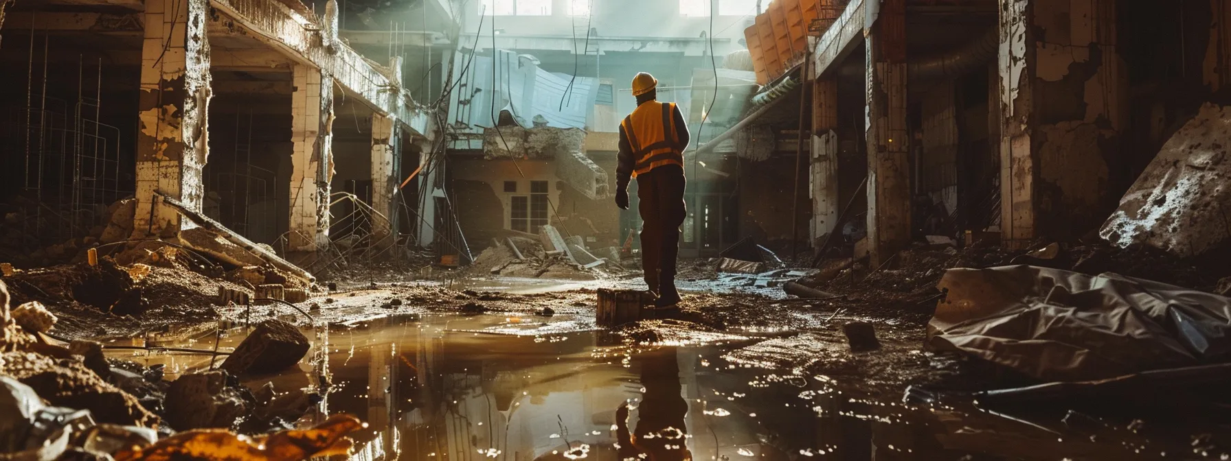 a construction worker inspects the foundation of a building in a flood zone ae.