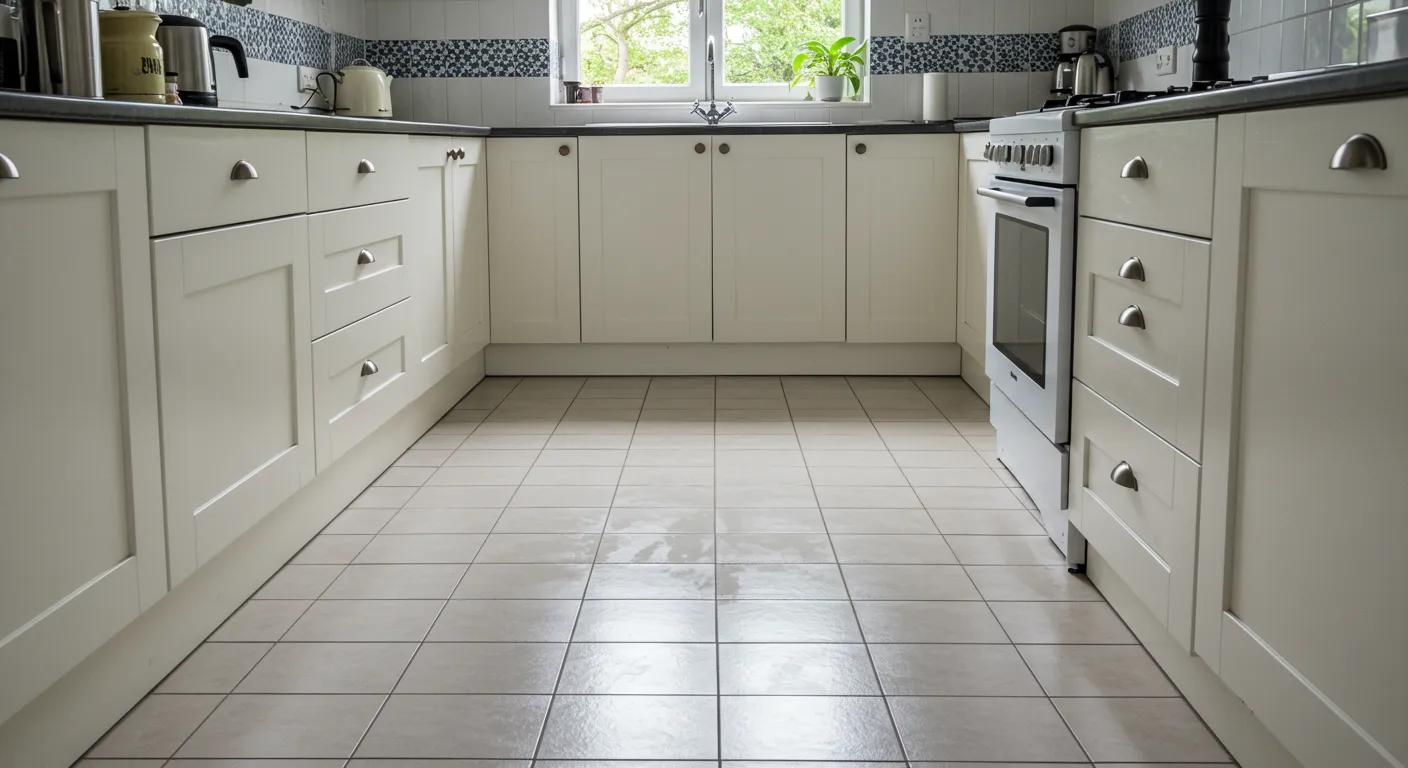 a bright, well-lit urban kitchen features a professional-grade tile floor, highlighting pristine, freshly cleaned grout lines contrasting vivid tile colors, symbolizing the importance of maintenance to prevent summer grime damage.