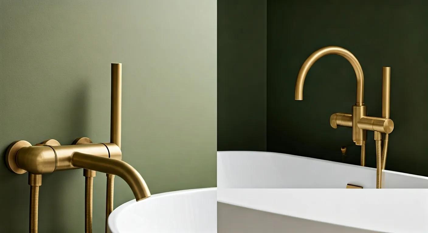 Spa-inspired bathroom featuring brushed brass tapware and natural design elements