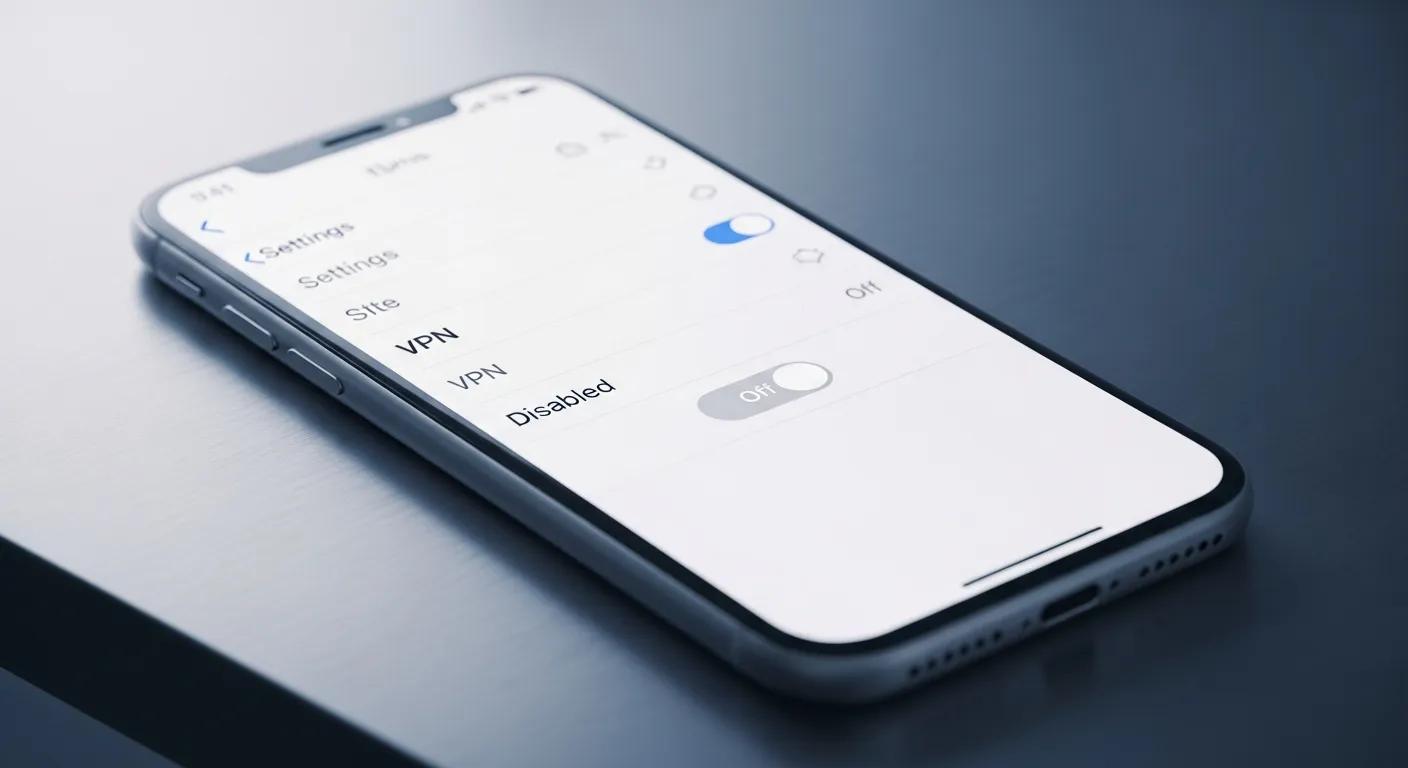 A person looking frustrated while holding an iPhone, which displays a persistent VPN icon in the status bar, symbolizing common troubleshooting issues.