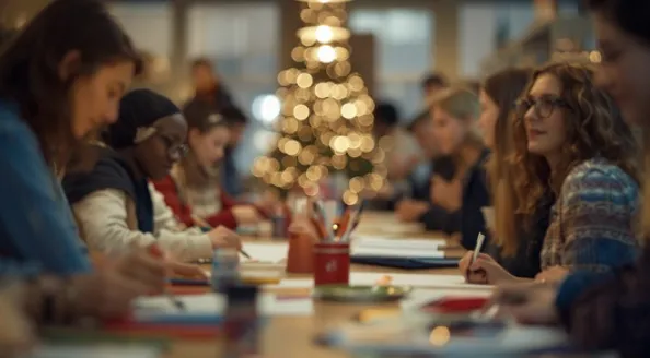 Small community craft workshop in a Northern Virginia library with people creating holiday crafts together. Small community craft workshop in a Northern Virginia library with people creating holiday crafts together.