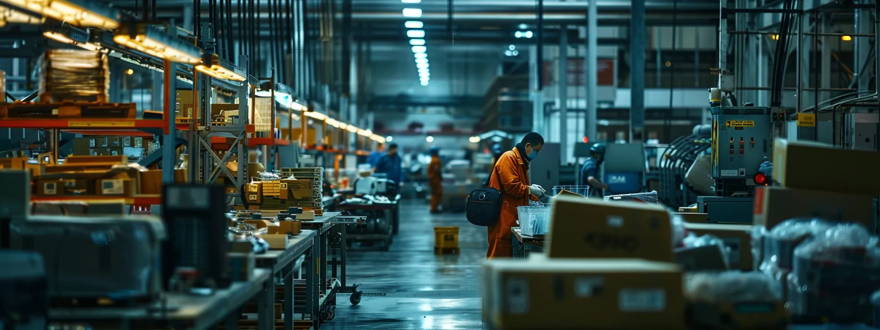 workers on a busy factory floor responding quickly to real-time alerts from pager systems.