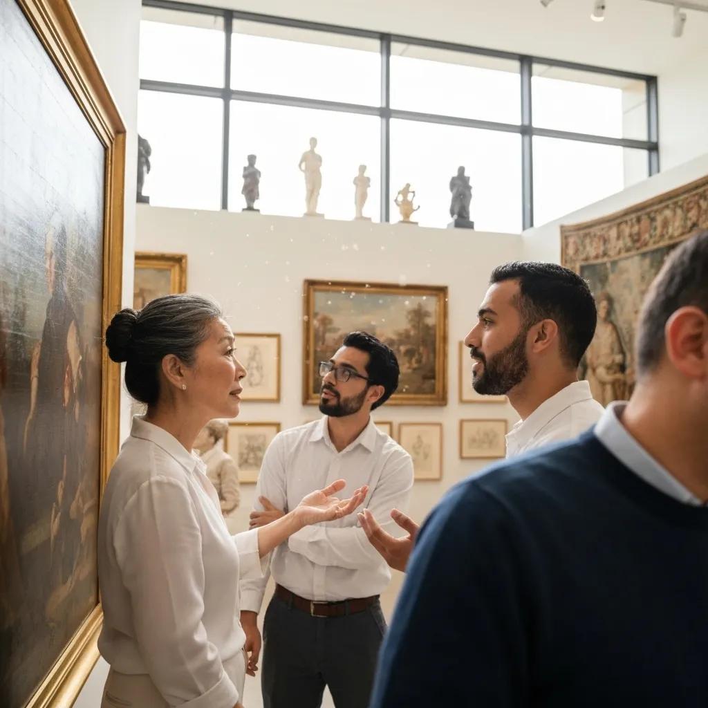 A diverse group of art restoration professionals collaborating and discussing career opportunities within a prestigious gallery setting