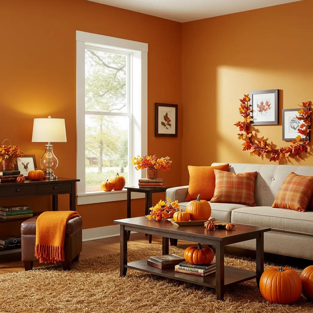 Cozy living room with freshly painted walls in autumn colors, showcasing seasonal decor Cozy living room with freshly painted walls in autumn colors, showcasing seasonal decor