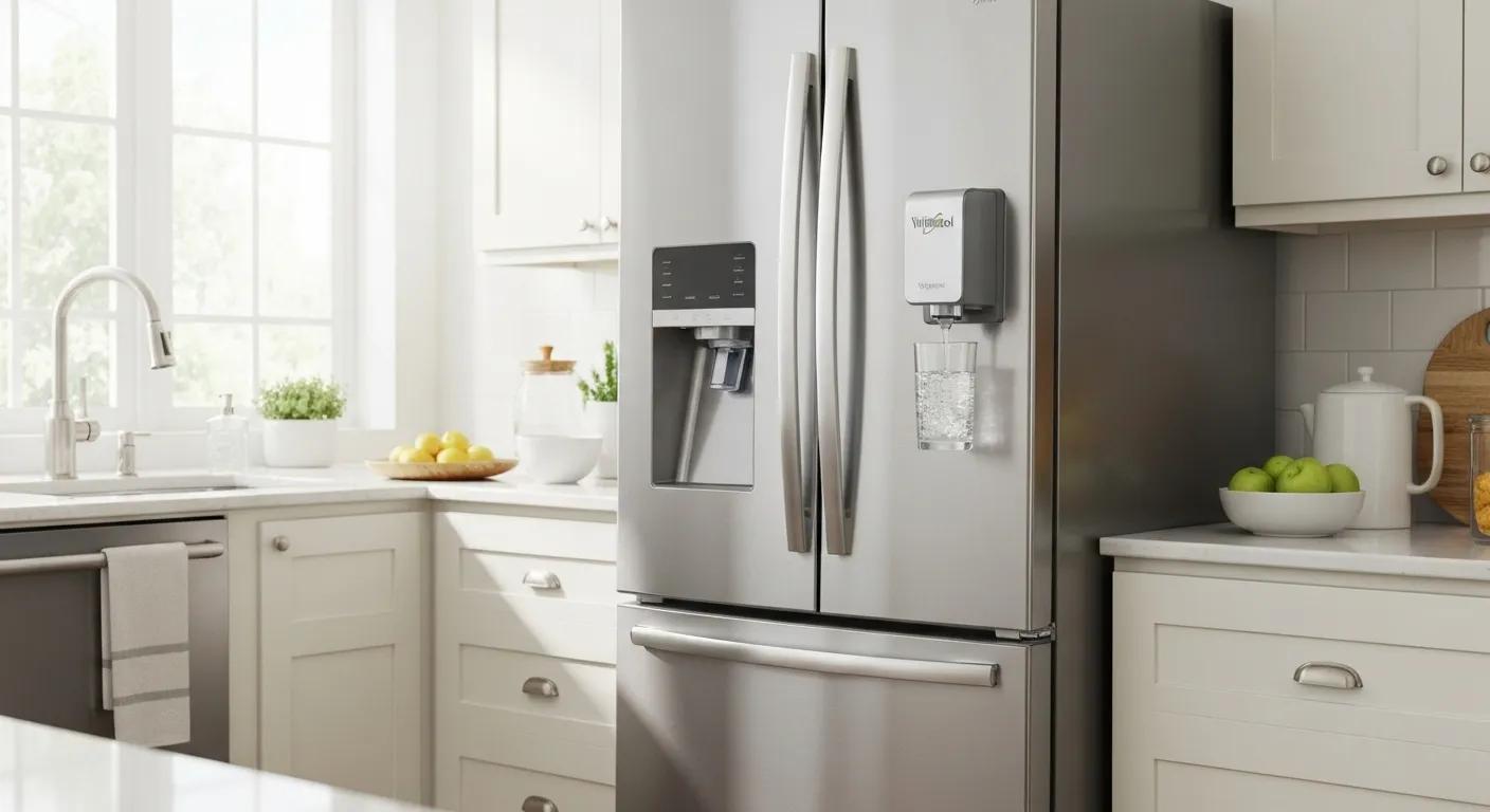 Whirlpool refrigerator dispensing clear water in a bright kitchen, highlighting water filter functionality