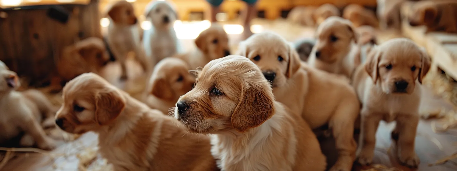 a group of puppies play together in a puppy class, interacting and socializing with one another under the watchful eye of the instructor.