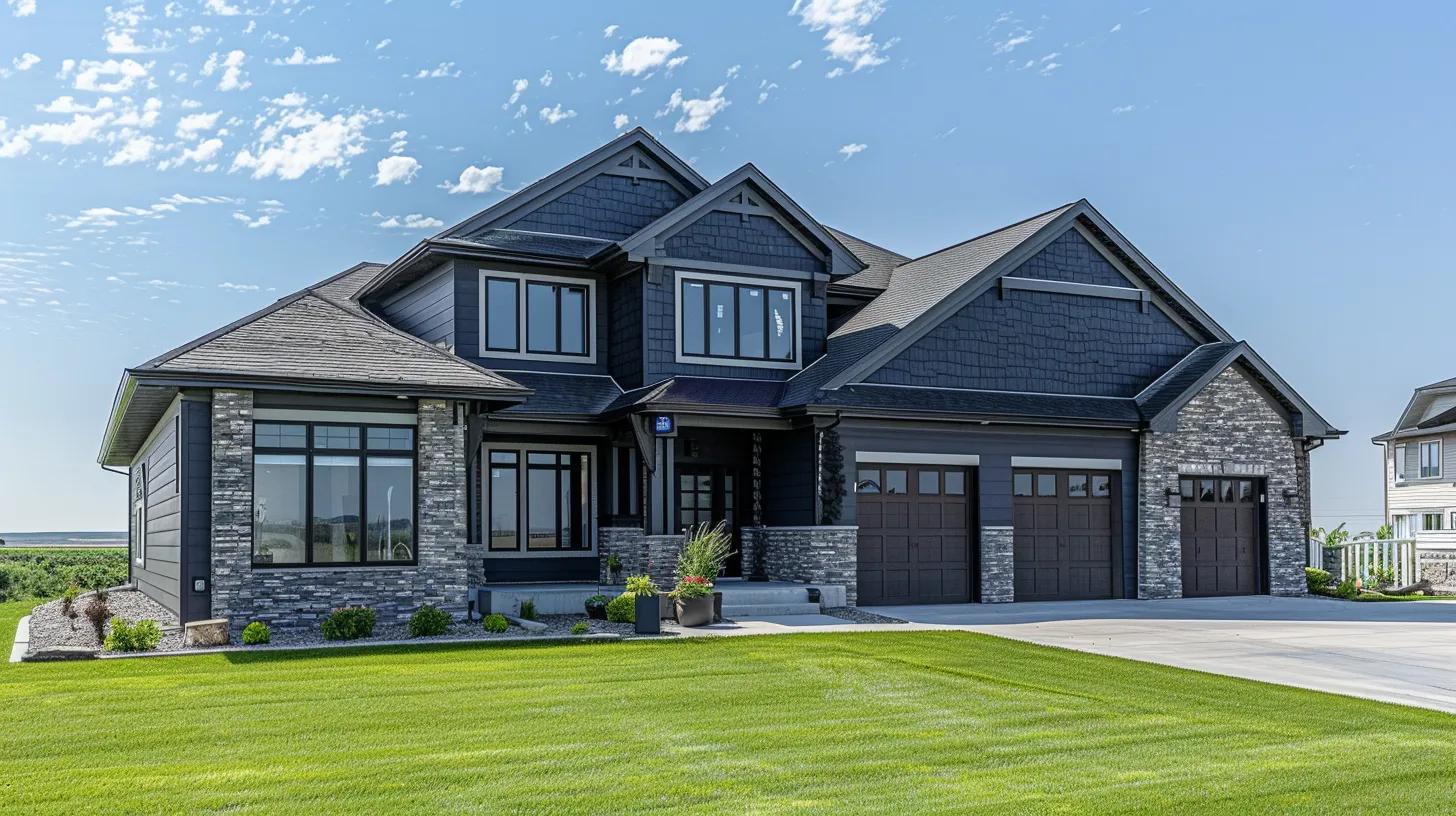 Custom home in Fargo, ND featuring modern architectural design, dark siding, stone accents, and a well-maintained lawn, emphasizing durability and energy efficiency for harsh weather conditions.
