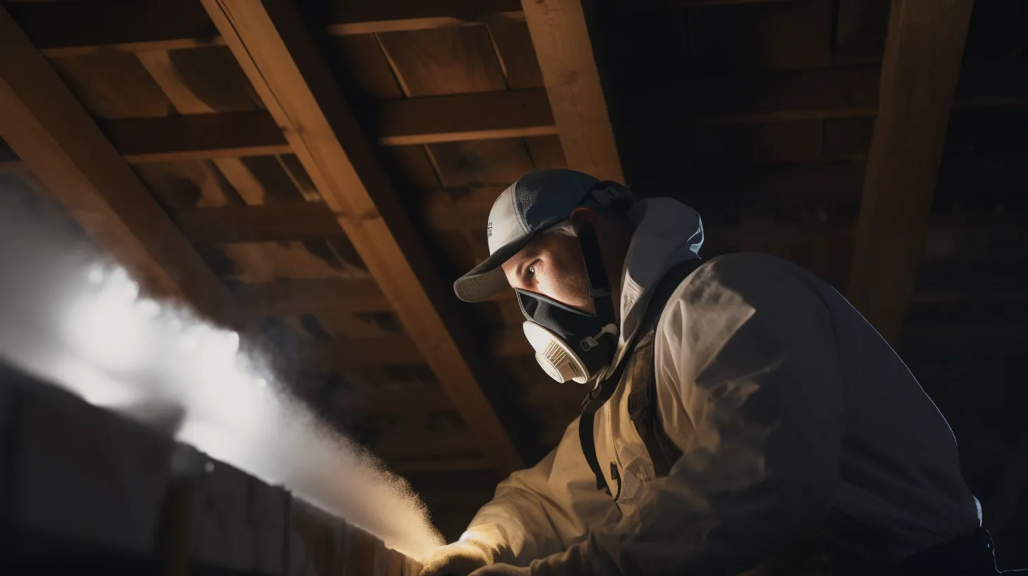 a professional wearing protective gear inspecting an attic during insulation extraction.