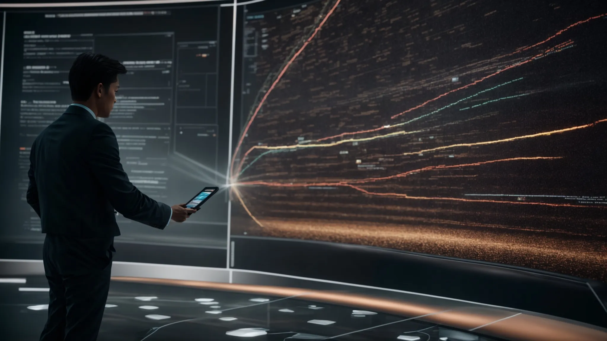 a strategist stands before a giant touchscreen, fluidly dragging and connecting digital nodes representing audience segments and strategies.