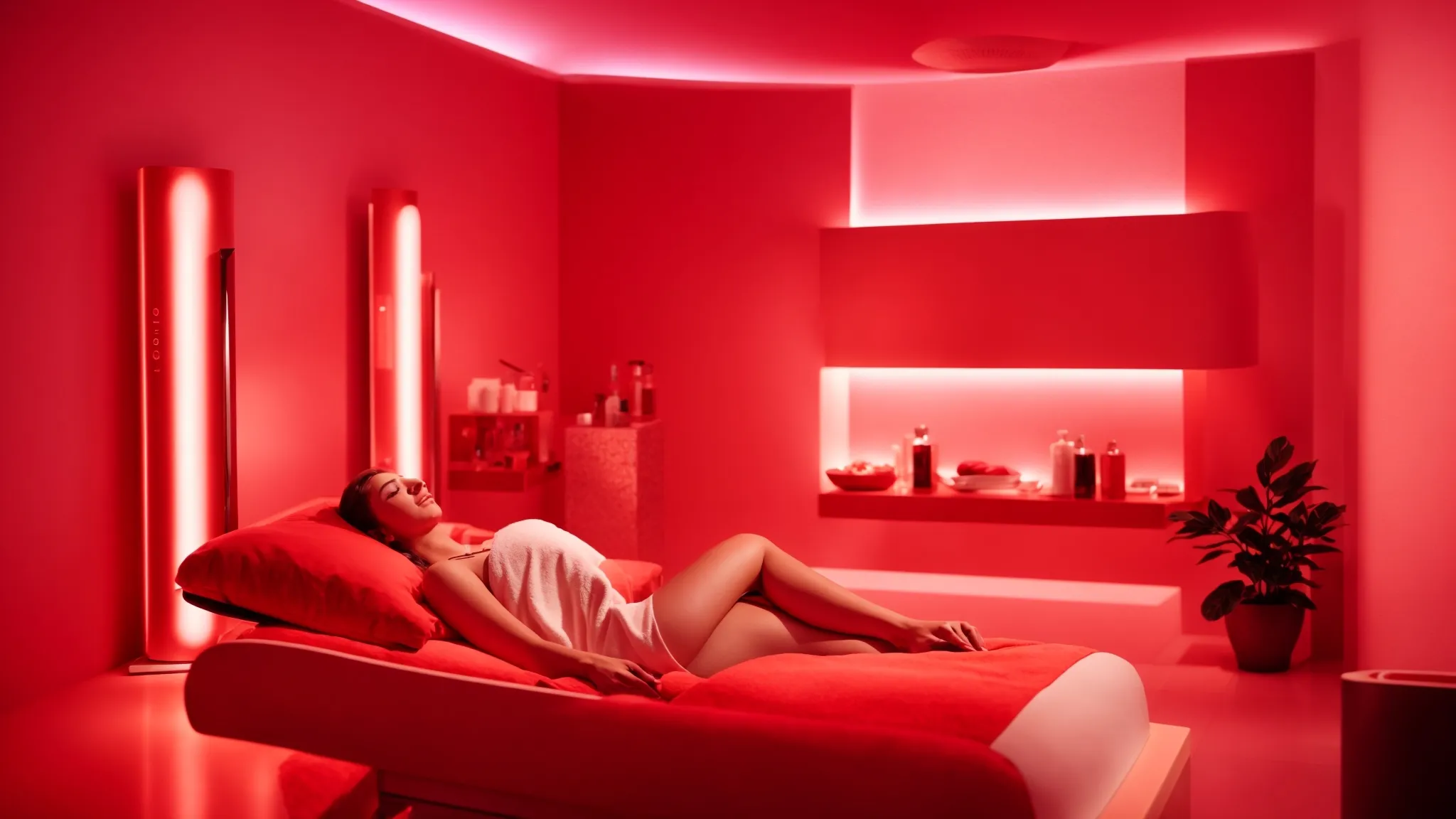 a serene spa setting with a peaceful individual lying under a glowing red light therapy device, surrounded by other skincare treatment products.