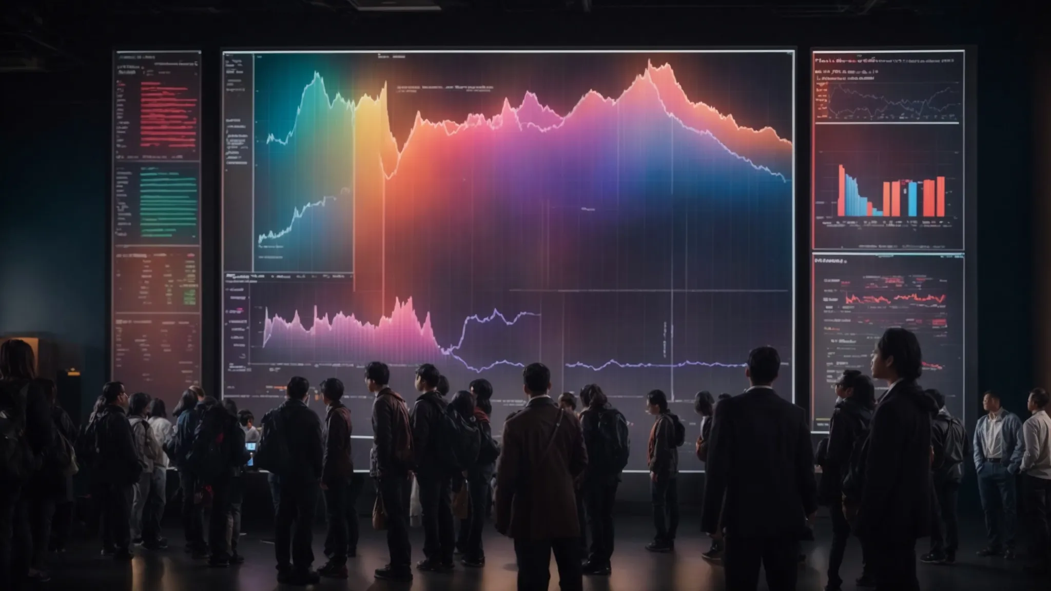 a group of people gathered around a large screen displaying colorful graphs and charts, nodding thoughtfully.