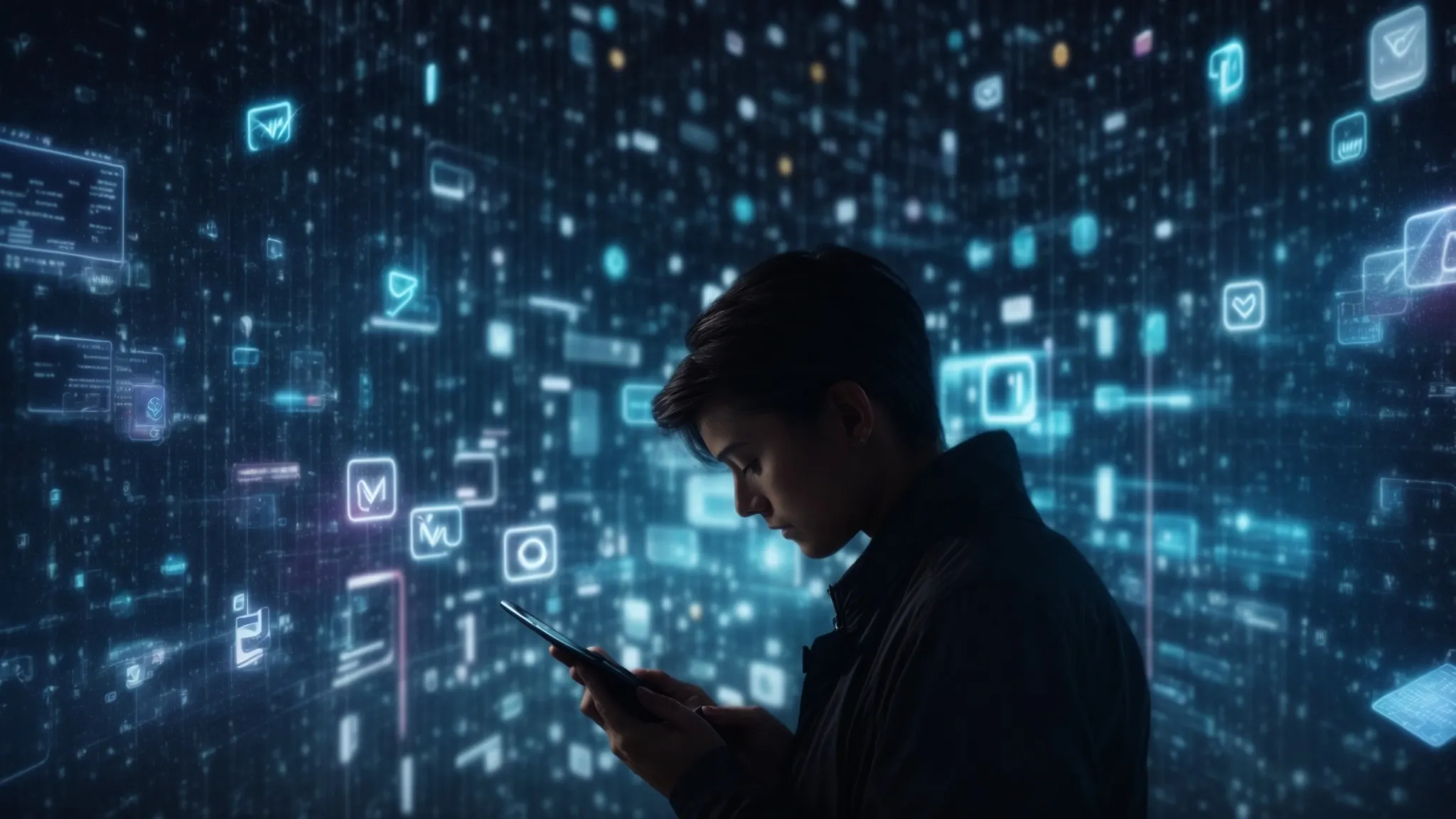 a person contemplating a glowing email icon amidst a sea of digital symbols on a dark, futuristic interface.