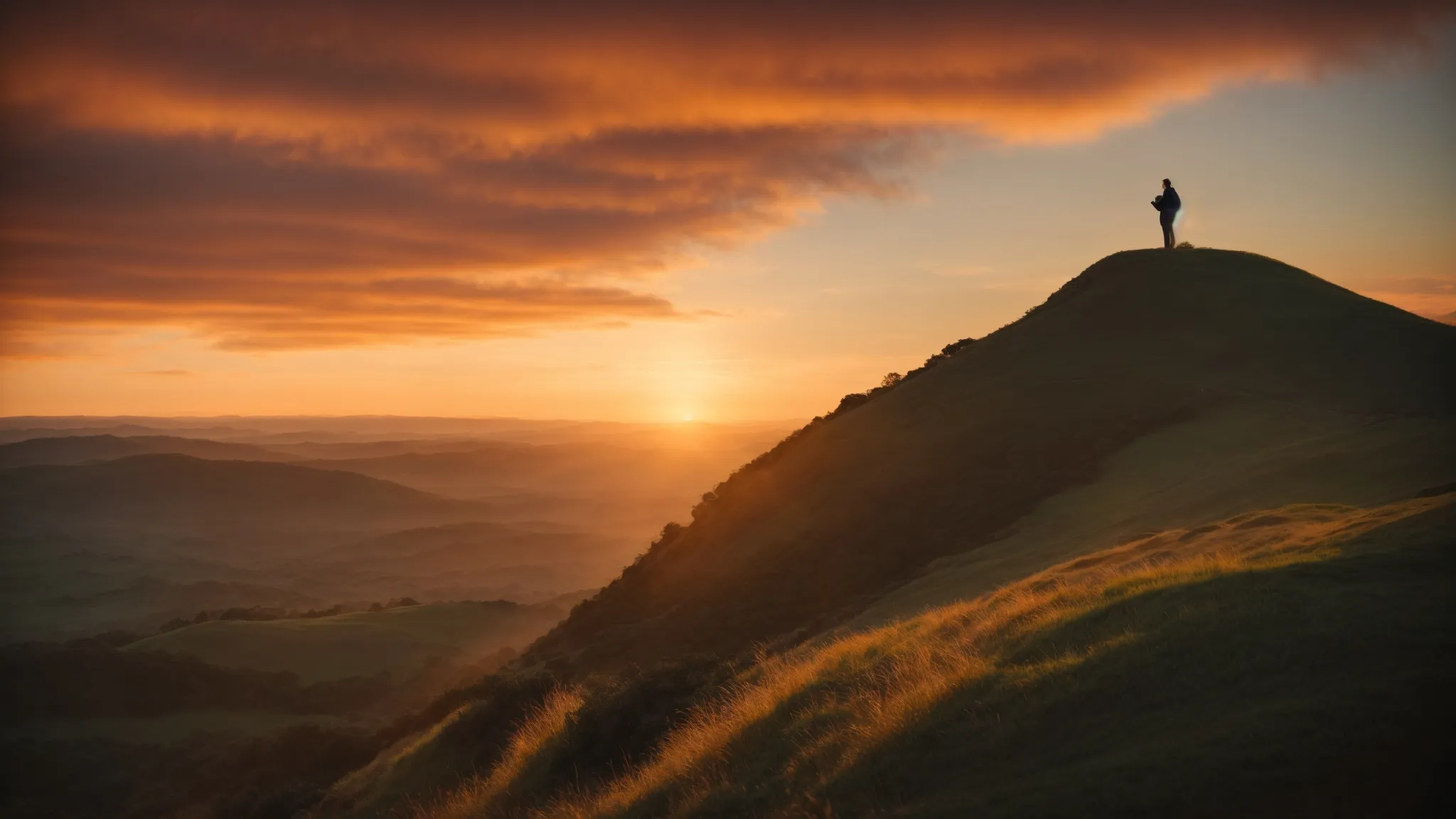 a person stands atop a hill, overlooking a vibrant sunrise, symbolizing new beginnings and personal growth.