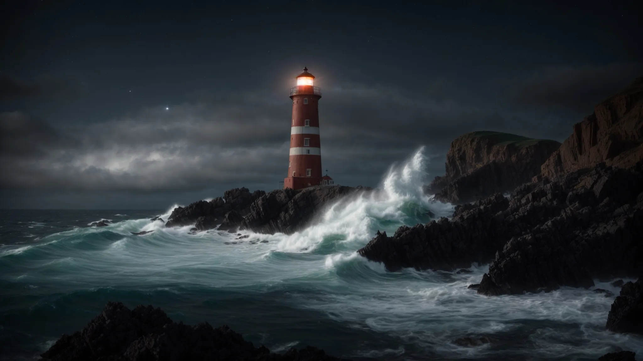 a lighthouse standing firm on a rocky coastline, guiding ships safely through tumultuous seas under a starlit sky.