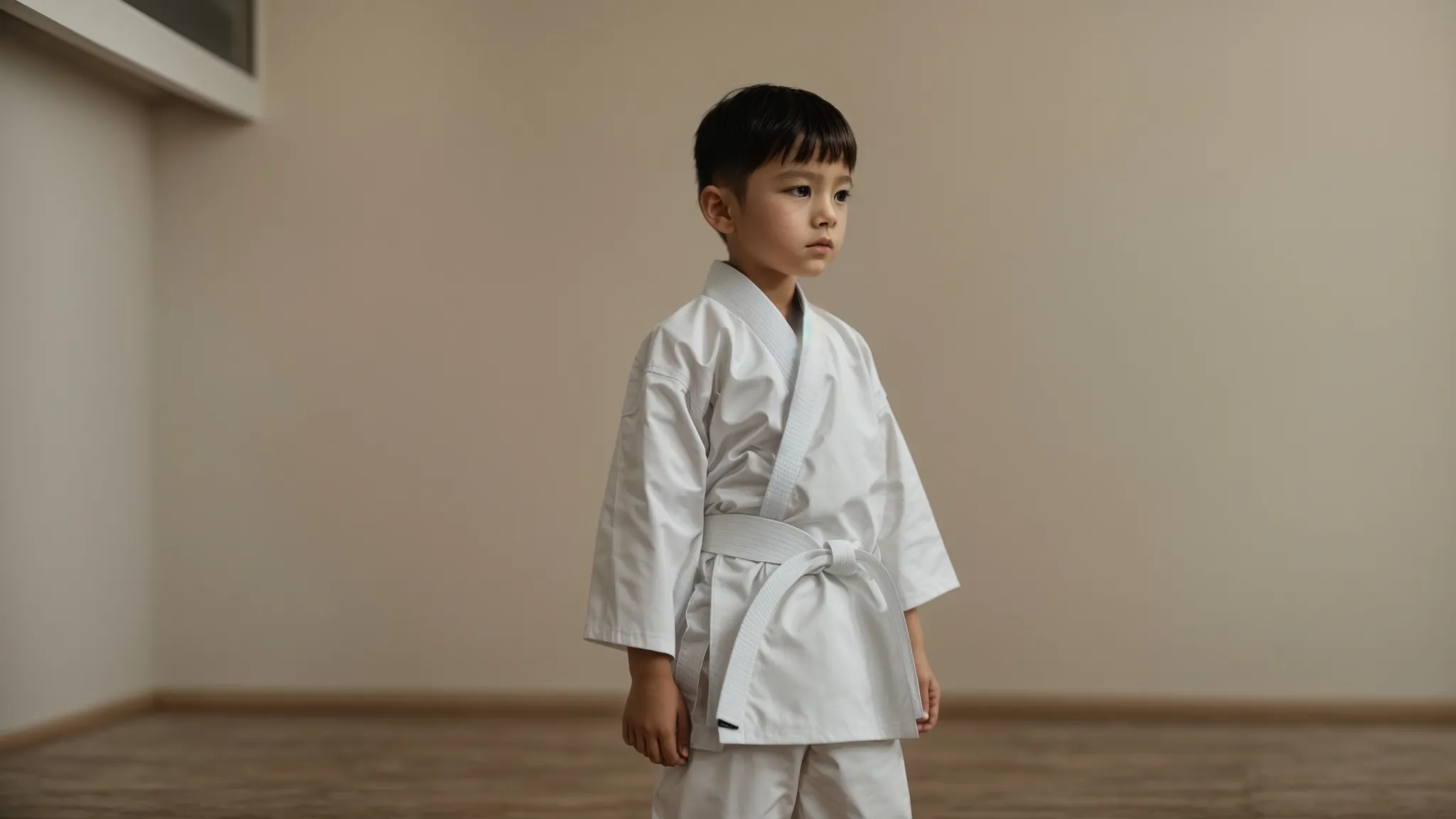 a child in a white karate gi stands in a focused stance, preparing for a training session in a peaceful dojo.