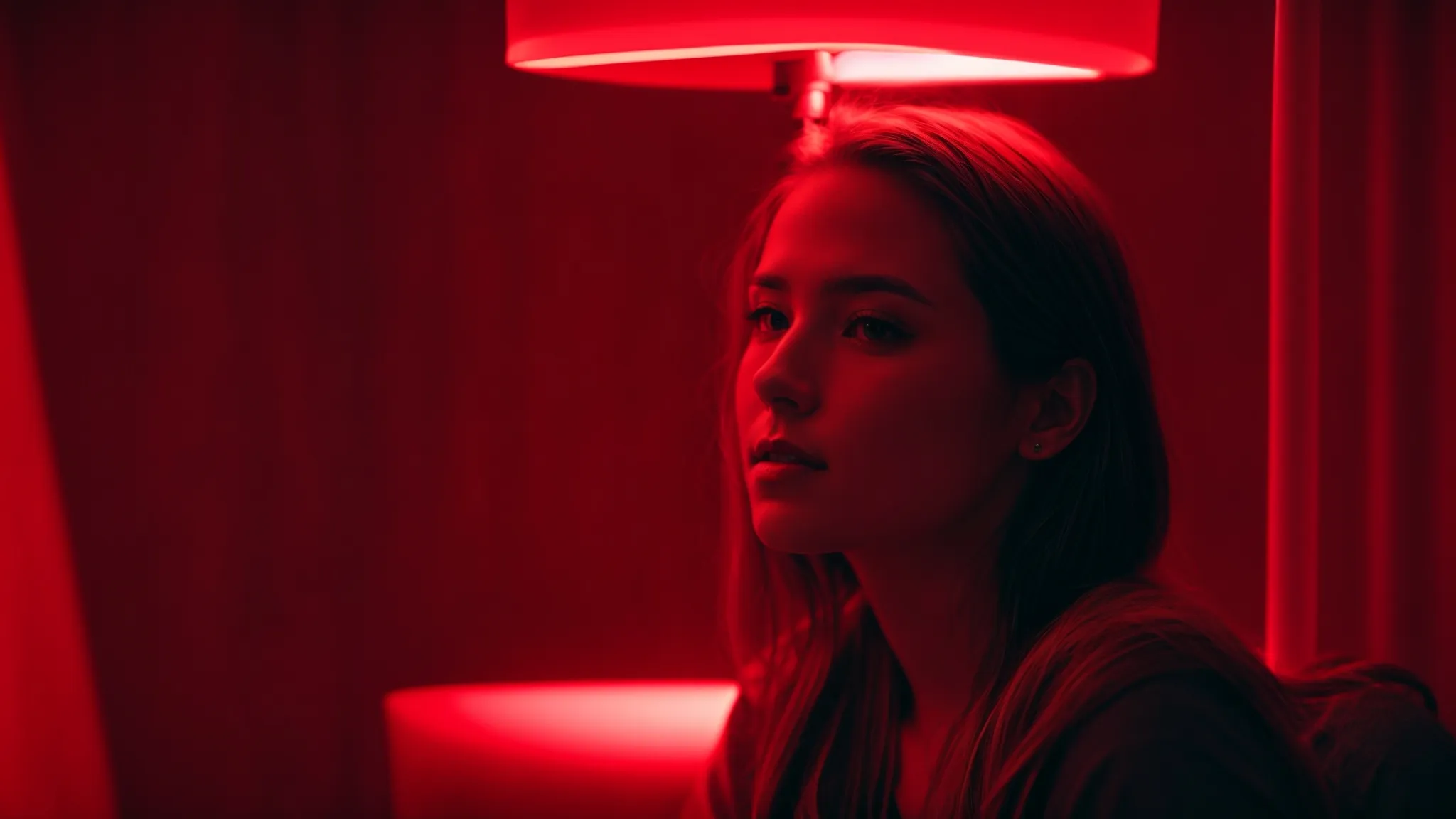 a person sits comfortably under a red light therapy device, focusing the soothing glow on their scalp.