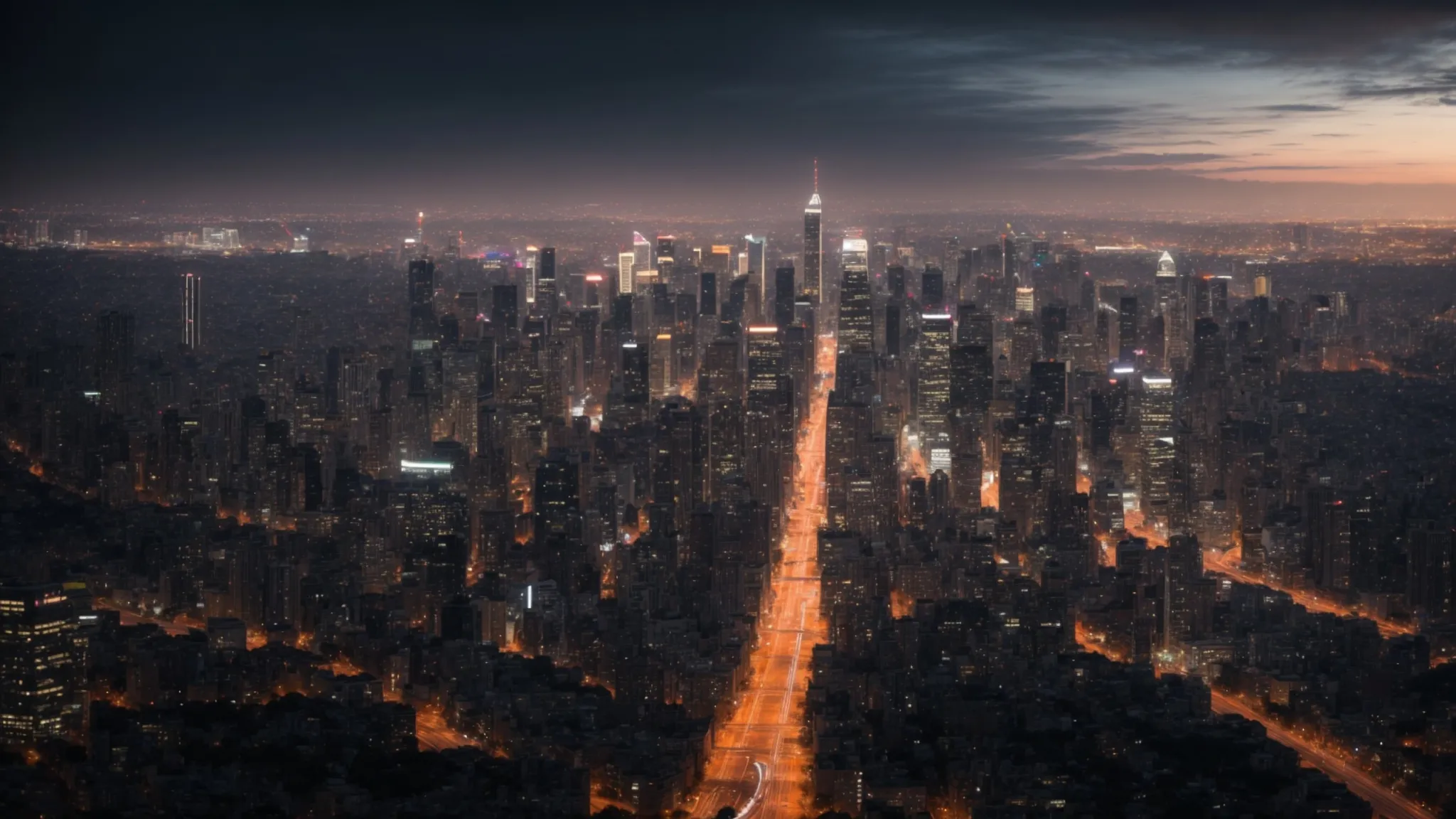 a vast cityscape at dusk, illuminated by interconnected lights symbolizing the seamless connectivity enabled by 5g networks.